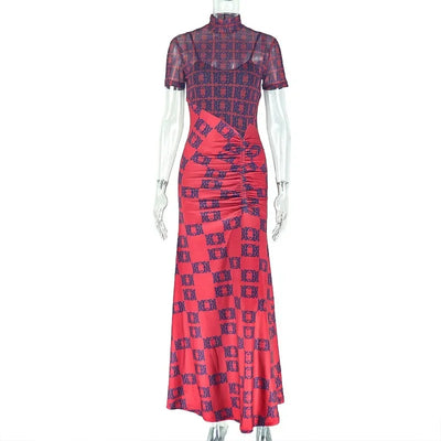 Women Turtleneck Elegant Short Sleeve Maxi Dress Outfits Casual Fashion Bodycon Sheer Pleated Long Dresses Vestido