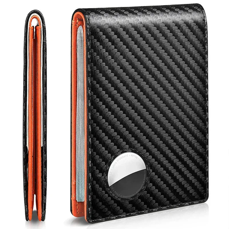 Slim carbon fiber card holder wallet with synthetic leather orange accents