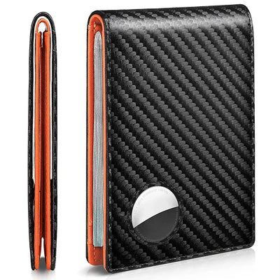 Slim carbon fiber card holder wallet with synthetic leather orange accents