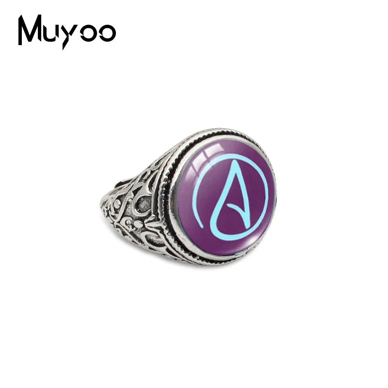 Atheist Atheism Symbol Antique Rings for Men Atheist Logo Glass Cabochon Fashion Dome Rings Handmade Jewelry Vintage Ring