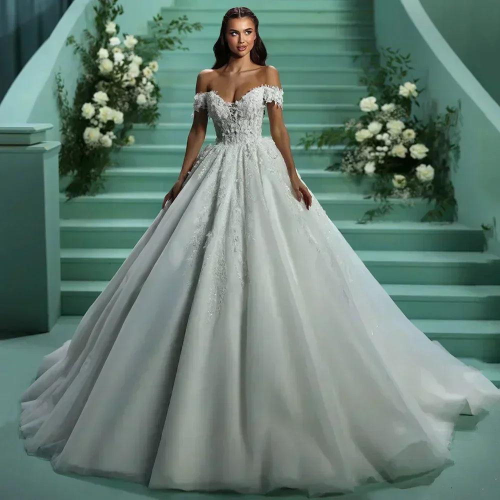Ball gown wedding dress for bride off the shoulder v neck sparkling beading