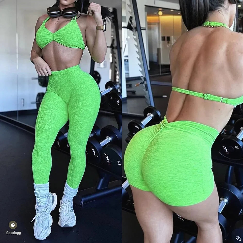 2PCS Women Tracksuit Adjustable Bra Yoga Set V Back Workout Pant Sport Gym Shorts High Waist Legging Fitness Active Wear XP02