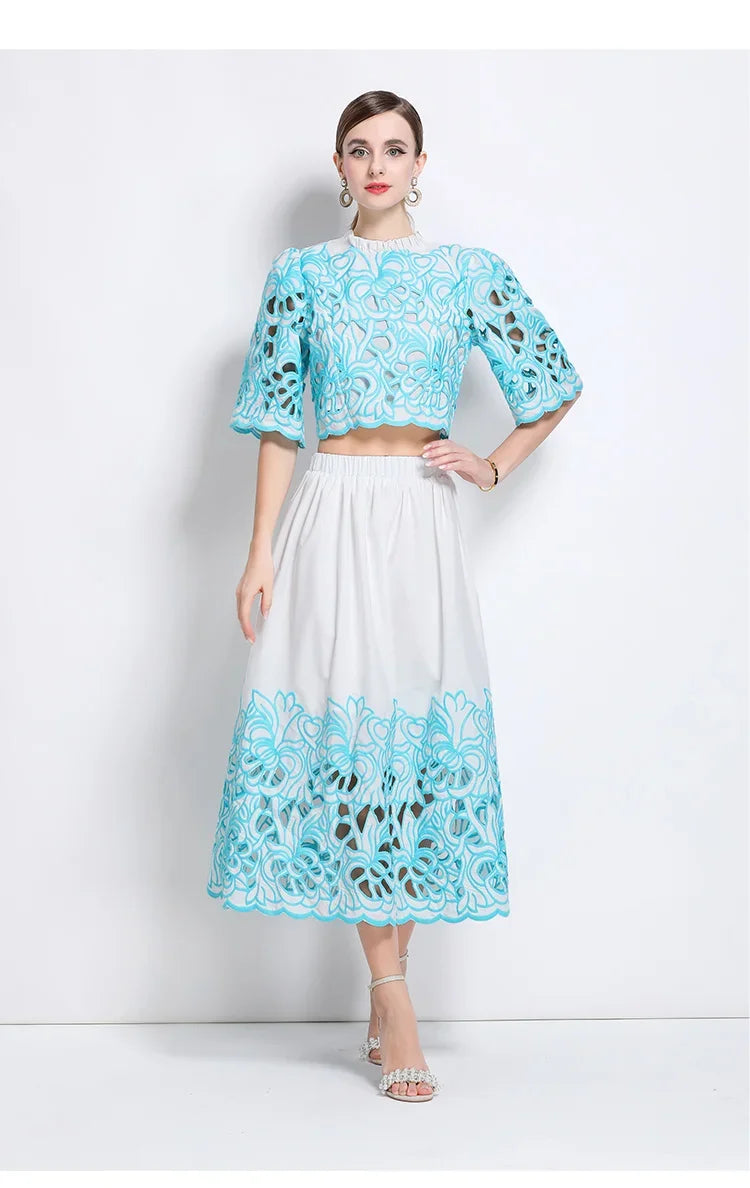 Summer Short Sleeve A-LINE Set Skirt for Women Fashion Ruffled Collar Embroidery Set Skirt Women Vestidos De Verano Mujer Q344
