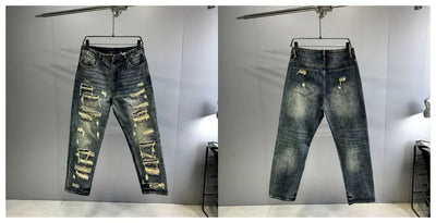 Mens Ripped Baggy Jeans Distressed Denim Streetwear Skateboard Pants Straight Leg Patchwork Oversized Urban Fashion Workwear
