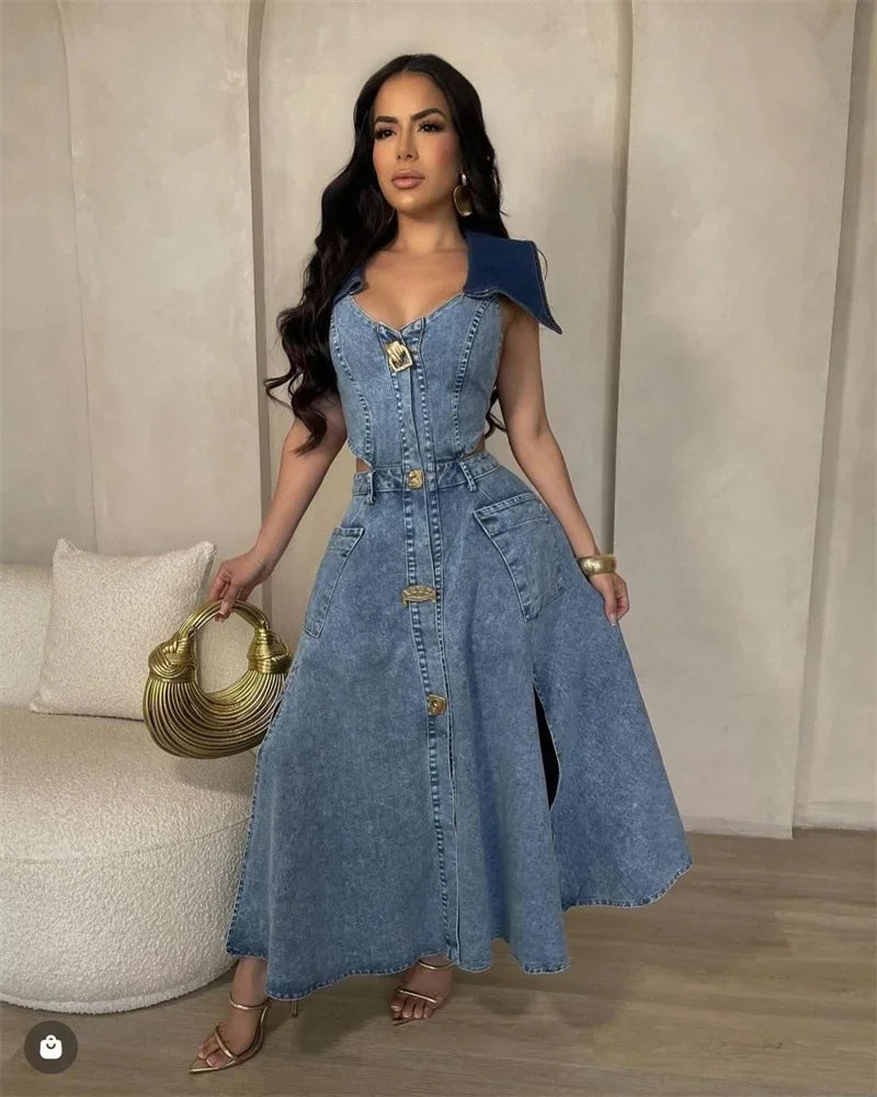 Designer Denim Dress Women Long Dresses Single Breasted Big Turn-down Collar Waist Slimming Temperament Split A-Line Vestidos