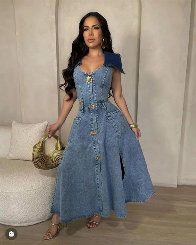 Designer Denim Dress Women Long Dresses Single Breasted Big Turn-down Collar Waist Slimming Temperament Split A-Line Vestidos