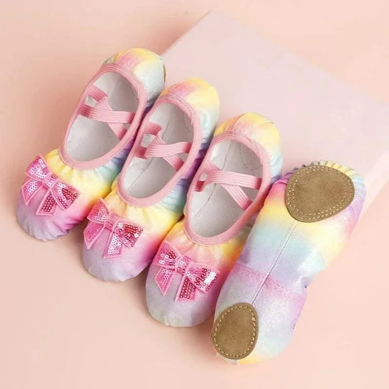 Children's Dance Shoes Girls Ballet Flats Shoes Rainbow Bow Sequins Leather Soft Soled Dance Performance Skate Sport Yoga Shoes