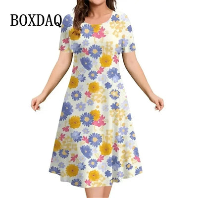 Summer Woman Short Sleeve Dress Elegant Party Evening Dress Women‘S Clothing Party A-Line Skirt Crushed Flower Pullover Dresses