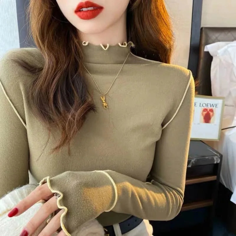 Double-Sided Cashmere Base Layer Women's Warm Half-High Collar Ruffle Long Sleeve T-Shirt Top