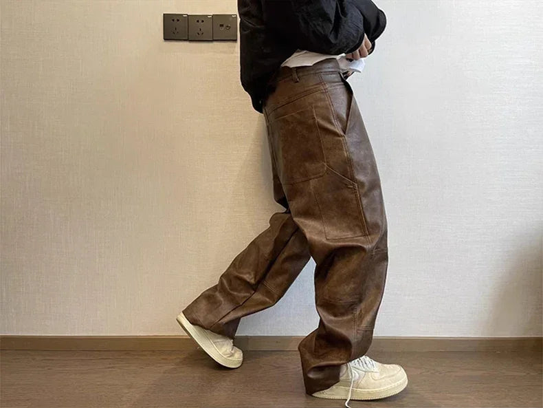 Mauroicardi Autumn Long Retro Cool Baggy Distressed Washed Brown Soft Pu Leather Wide Leg Pants for Men Luxury Designer Clothes