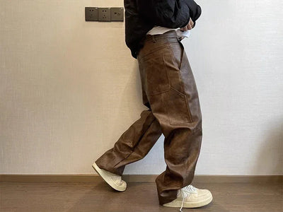 Mauroicardi Autumn Long Retro Cool Baggy Distressed Washed Brown Soft Pu Leather Wide Leg Pants for Men Luxury Designer Clothes