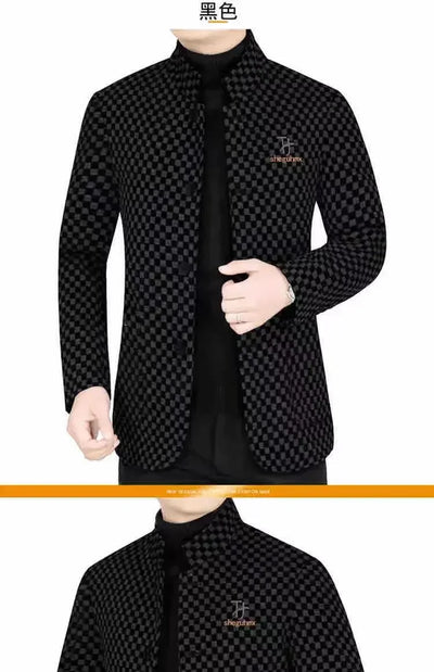 High Quality Men's Blazers Business Casual Stand Collar Woolen Jacket Classic Plaid Retro Versatile Tops Streetwear Coats