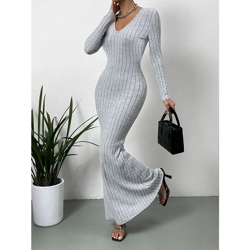 Autumn Women Dress Long Sleeved Grey Office Lady Dress Elegant Outfit Knitting Robe Vintage Gown Fashion Solid Female Clothing