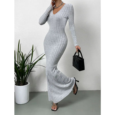 Autumn Women Dress Long Sleeved Grey Office Lady Dress Elegant Outfit Knitting Robe Vintage Gown Fashion Solid Female Clothing