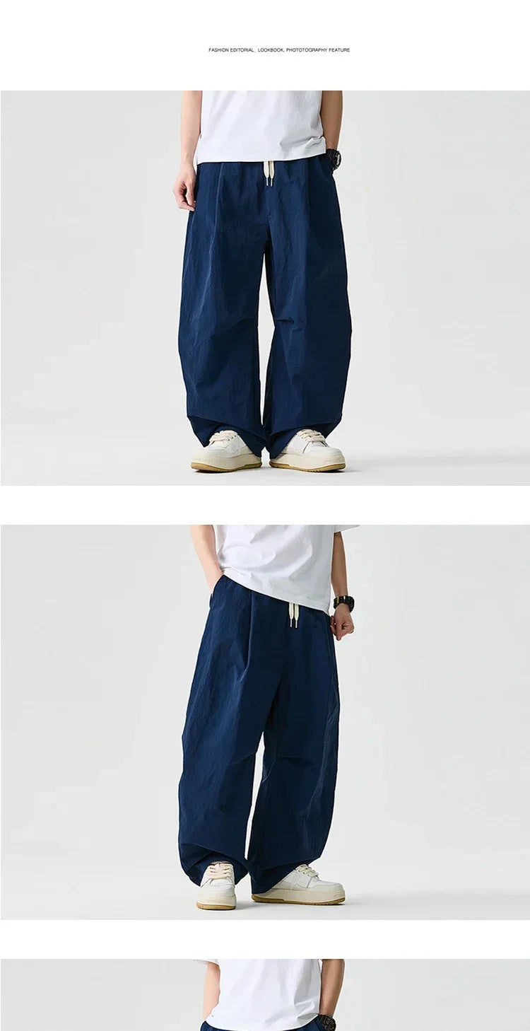 Wide leg Pants Men Harajuku Japanese Style Loose Casual Pants Men Solid Comfortable Elastic Waist Trouser Outdoor Walking Hiking