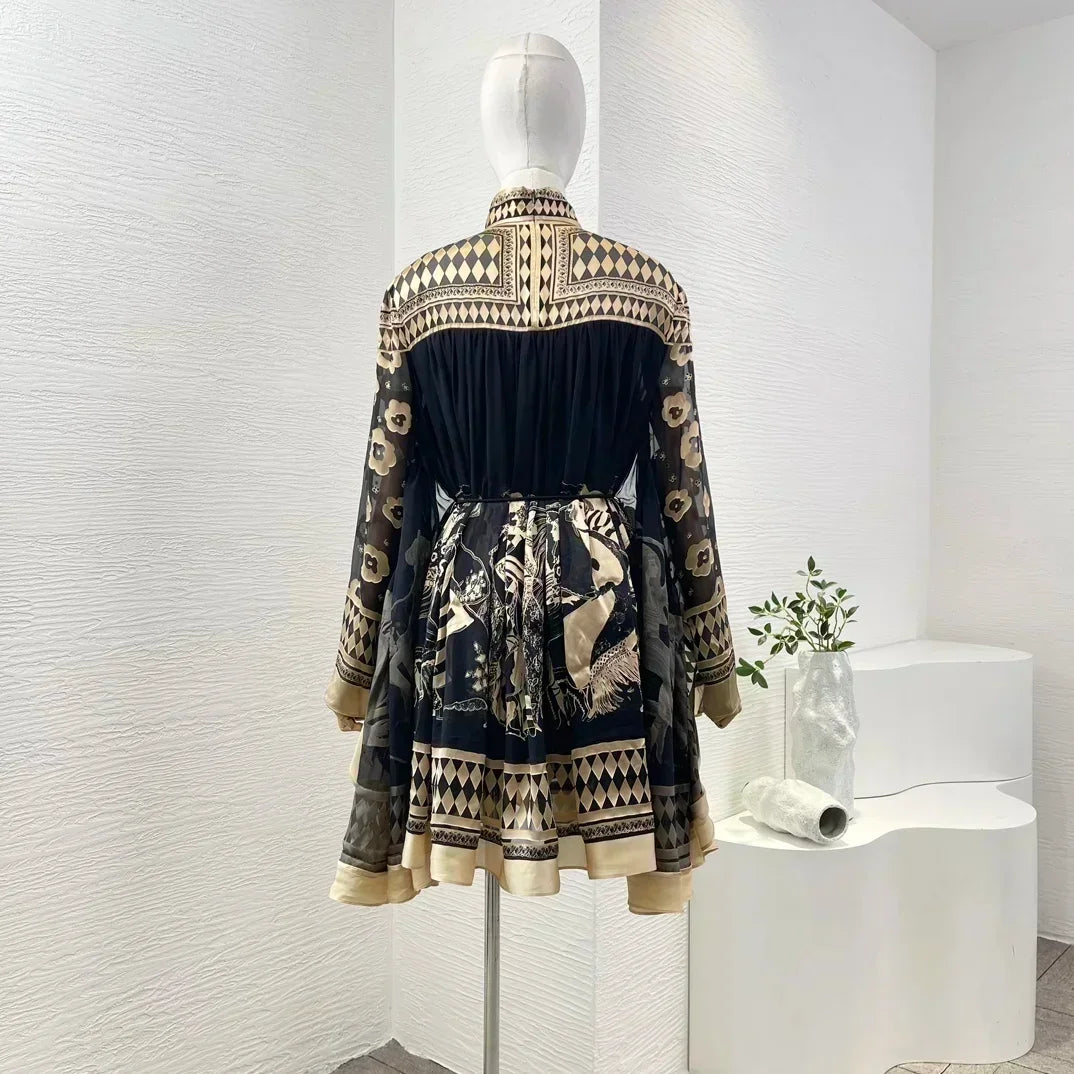 Print Long Sleeve Stand Collar Women Mini Dress Cotton Silk 2025 Autumn High Quality New Holiday Collection Black
