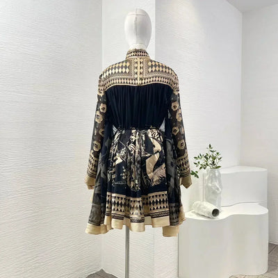 Print Long Sleeve Stand Collar Women Mini Dress Cotton Silk 2025 Autumn High Quality New Holiday Collection Black