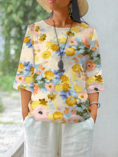 Women's Linen Bohemian Floral Printed  3/4 Sleeve O-Neck Top