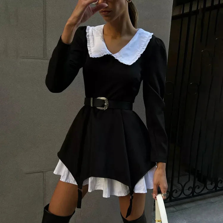 Doll Collar Casual Sheath Dresses for Women Autumn Long Sleeve Pullover Black and White Bodycon Knee Length Femme Fashion Dress