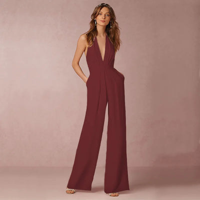 Spring And Summer Temperament Office Style Jumpsuit For Women Solid Color Sexy Deep V Backless Sleeveless Pocket Loose Jumpsuit