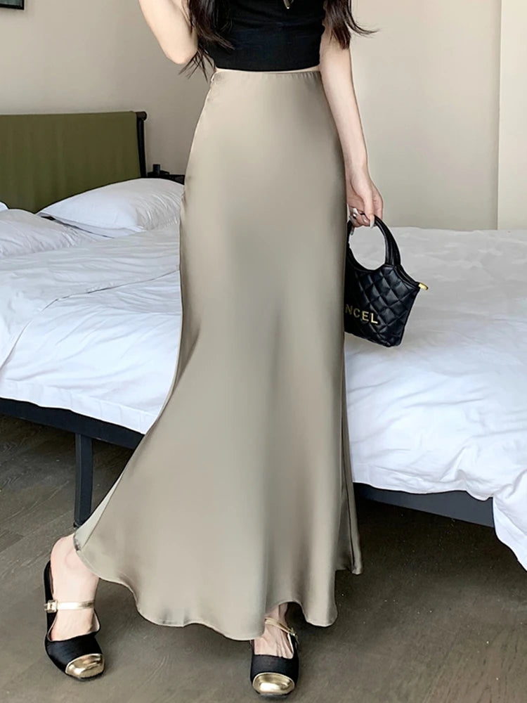 Elegant Satin Long Skirts Women Korean Fashion Clothes Elastic High Waist Black Skirt 2025 Streetwear Summer A Line Midi Skirt