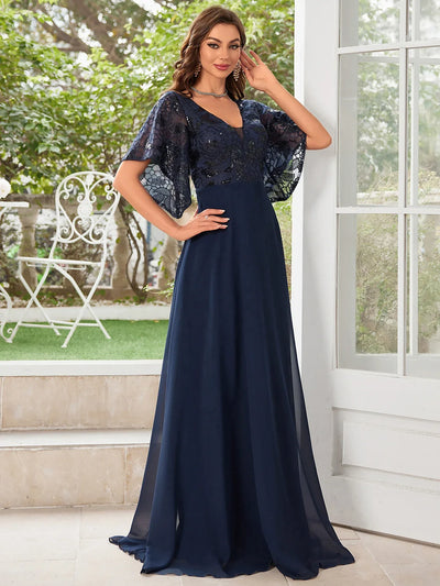 UNITHORSE V-neck Beaded Embroidered Paneling Chiffon Maid of Honor Dance Dress Elegant Bridal Party Gown