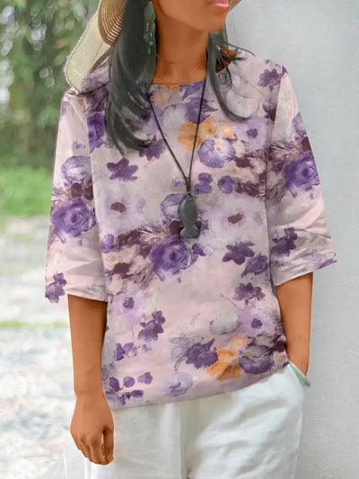 Women's Linen Bohemian Floral Printed  3/4 Sleeve O-Neck Top