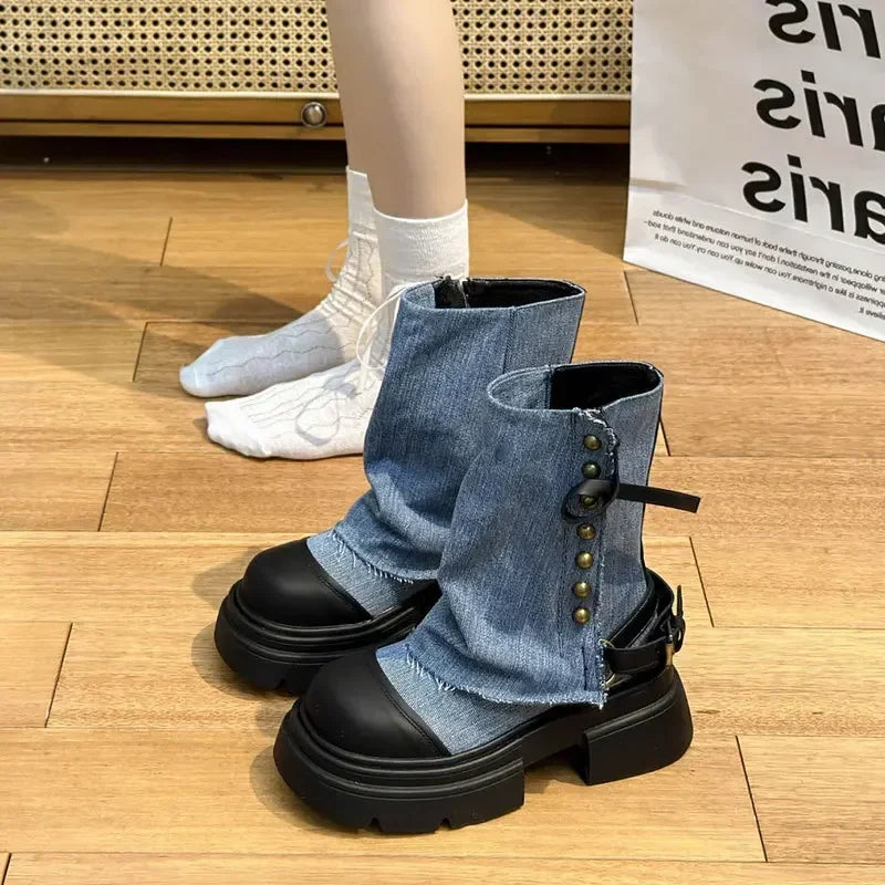 Women Boots British Fashion Pants Leg Boots  New Thick Soled Rivet Zipper Belt Buckle Platform Anti Slip Cowboy Short Boots