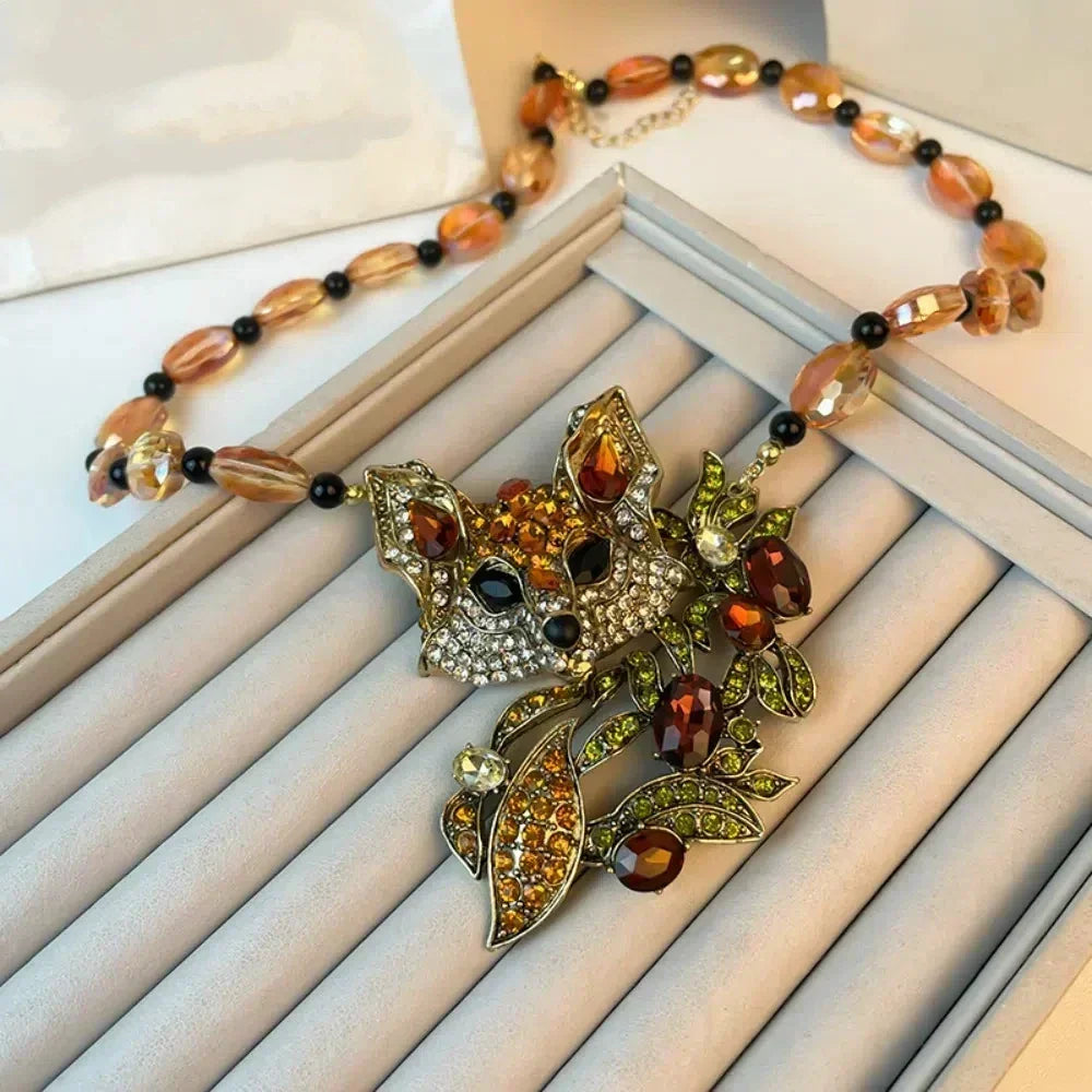 Luxury crystal cat necklace earrings exaggerated beaded rhinestones pendant accessories neck jewelry