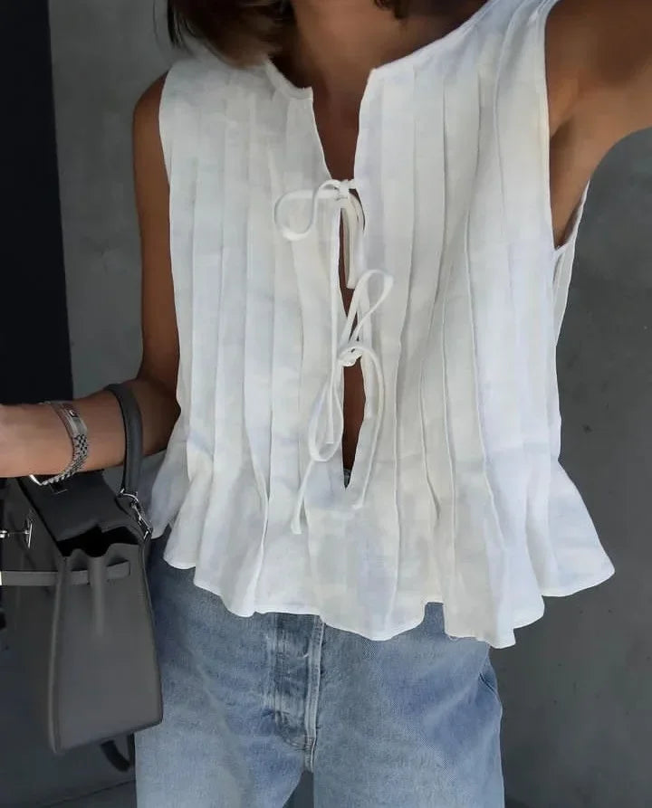 Fashion Bow Lace Up Linen Tops For Women