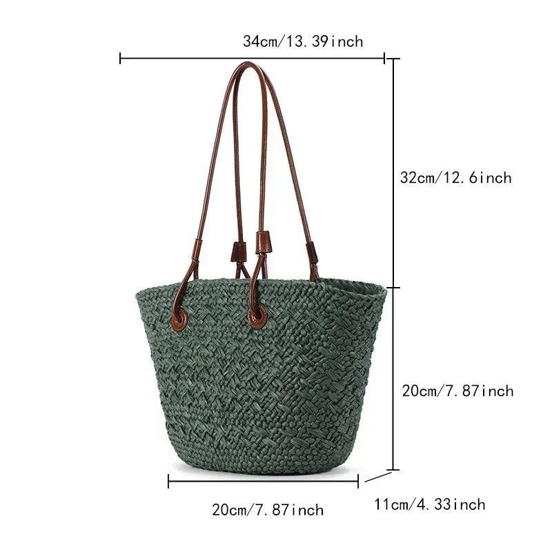 Designer bohemian chic shoulder bag,solid color large capacity straw woven tote bag,nature-inspired beach vacation