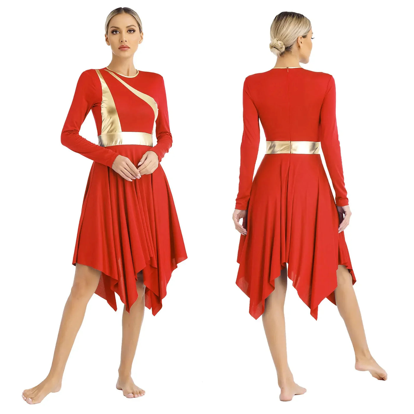 Women Church Choir Worship Liturgical Dress Modern Lyrical Dance Waltz Stage Performance Costume Long Sleeve Metallic Shiny Gown