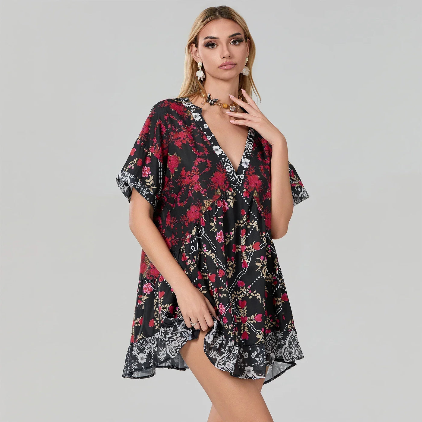 Women Summer Babydoll Dress Bohemian Holiday Vintage Floral Print Short Sleeve Deep V-Neck Flowy Dress with Pockets