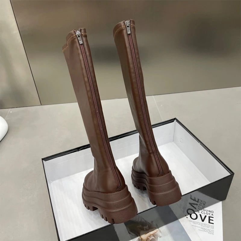 Knee High Women's Long Boots Flats Platform Fashion Shoes Designer Dress Winter Woman Boots 2025 Chelsea Botas De Mujer Zapatos