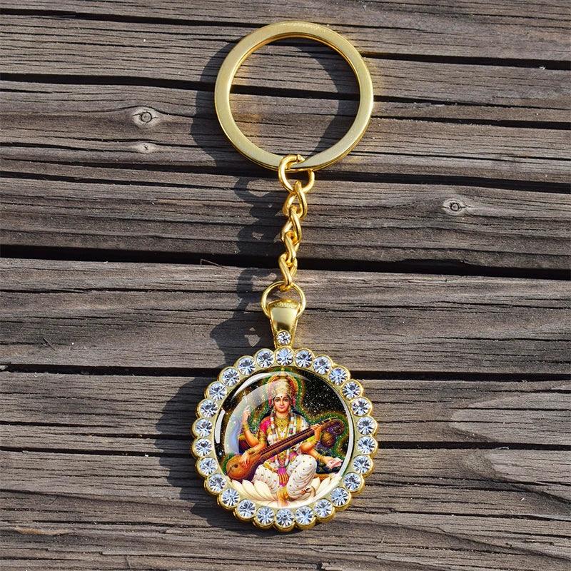 Shiva Nataraja Keychain Buddhist Jewelry Lakshmi Goddess Rhinestone Pendant Hinduism Amulet Keyring Gift