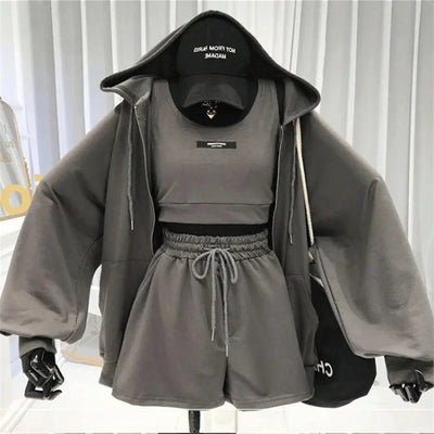 Shorts Three 3 Piece Sets Women Casual Vest Drawstring Short Hooded Zipper Jacket Sportswear Suits Y2k Streetwear Sports Hoodies