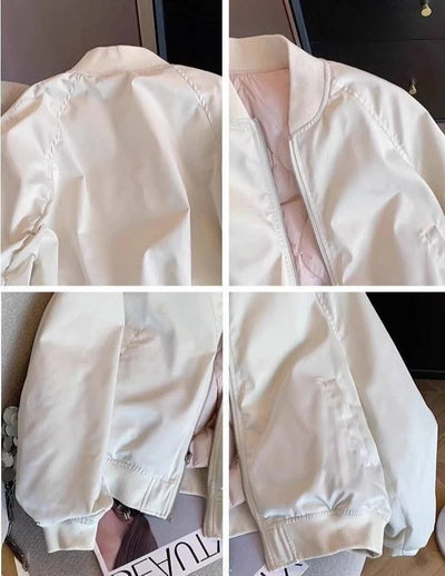 Bomber Jacket for Women Winter Zip-up White Plain Loose Baseball Aviator Coat