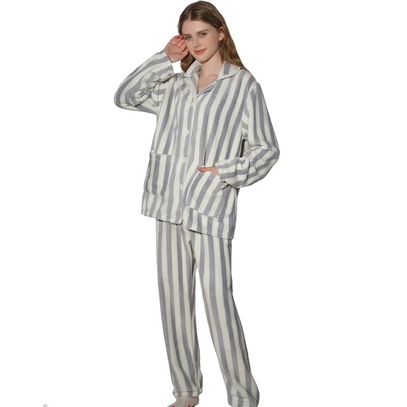 2-piece set of women's pajamas autumn and winter flannel striped long sleeved pants set thick cardigan home clothes