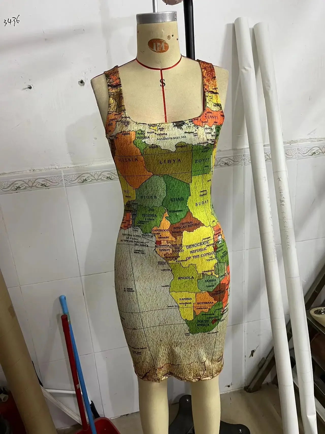 Summer Dresses for Women 2022 Map Print Sexy Sleeveless U-Neck Bodycon Mini Daily Dress