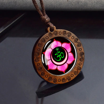Hinduism Om Symbol Wood Glass Pendant Necklace Yoga Meditation Jewelry