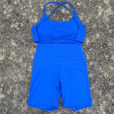 2 Piece Gym Sports Set Women Yoga Shorts Set Workout Outfit Fitness Suit Cross Straps Bra High Waist Shorts Running Tracksuit