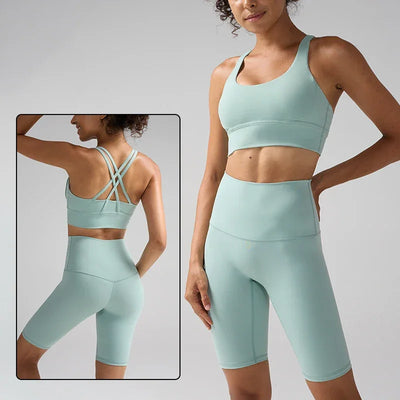 Women's 2 Piece Yoga Gym Sports Set Cross Back Bra Top & High Waist Shorts Fitness Running Workout Tracksuit👚