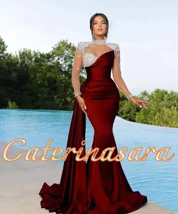 Luxury high neck evening dresses for women mermaid 2024 sheer long sleeves wedding party prom gowns vestidos de noche