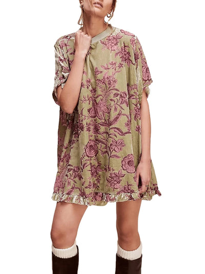 Women Velvet Dress Summer Casual Loose Long Sleeve Crew Neck Flower Mini Dress Lady Female Short Dress