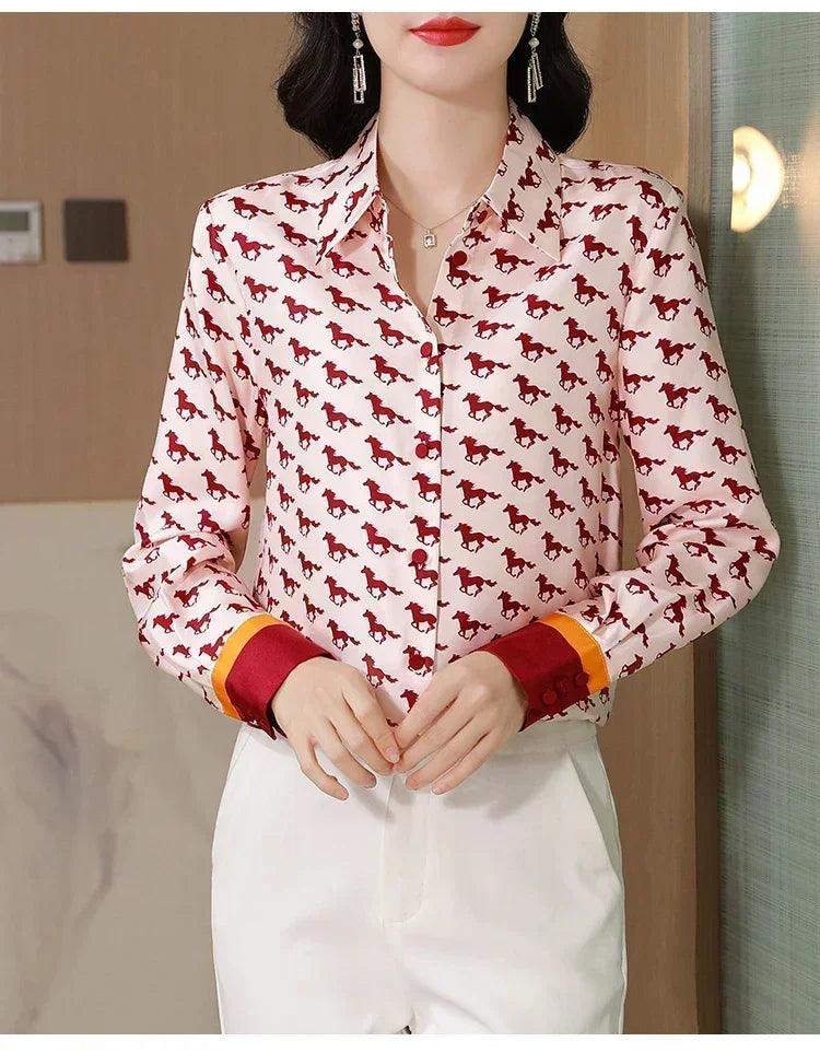 Women satin silk shirts g horse print