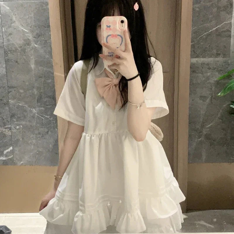 Sweet Summer Dress for Women Bow Tunic A-line Summer Robe Femme Short Sleeve Ruffles Cute Loose Dresses 2025 Vestidos De Mujer
