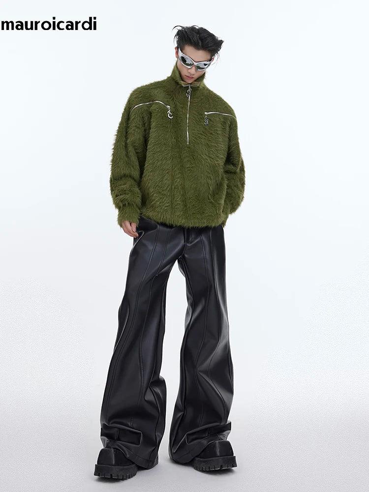 Mauroicardi Autumn Cool Handsome Long Black Matte Baggy Pu Leather Wide Leg Pants for Men High Waist Emo Luxury Designer Clothes