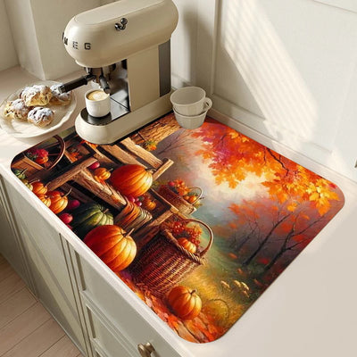 Autumn Thanksgiving Day  Dish Drying Mat Soft Rubber Non-Slip Absorbent Stain-Resistant for Kitchen Coffee Bar Countertops