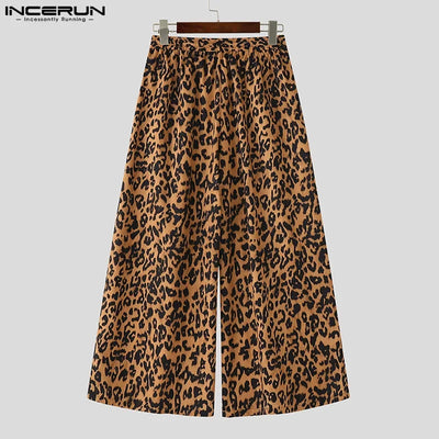Men Wide Leg Pants Leopard Printing Drawstring Joggers Casual Trousers Men Streetwear 2025 Oversize Pleated Long Pants INCERUN