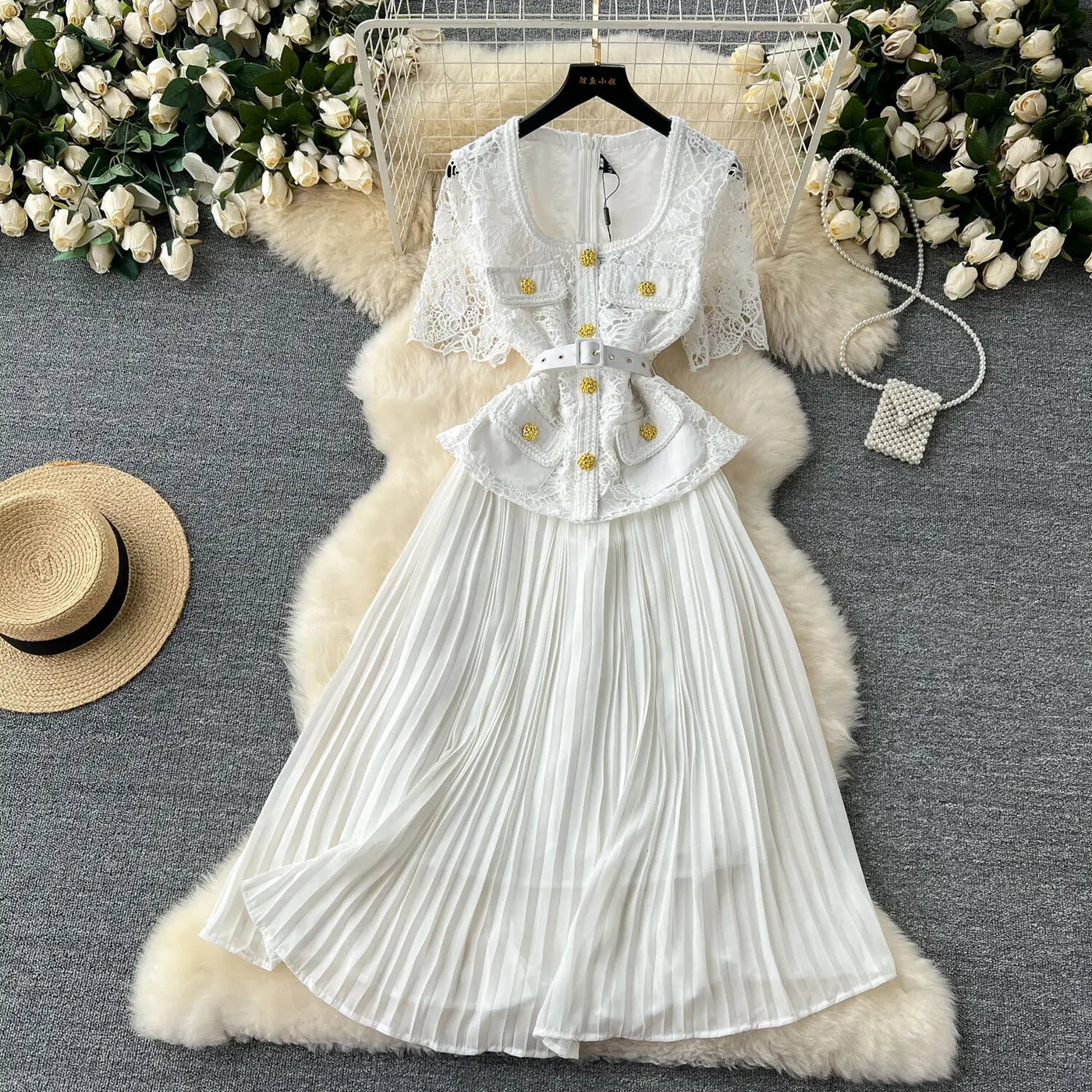 Designer 2025 Summer Pleated Chiffon Lace Long Dress Women Flower Embroidery Gold Button Belt Evening Party Dresses Wedding Robe